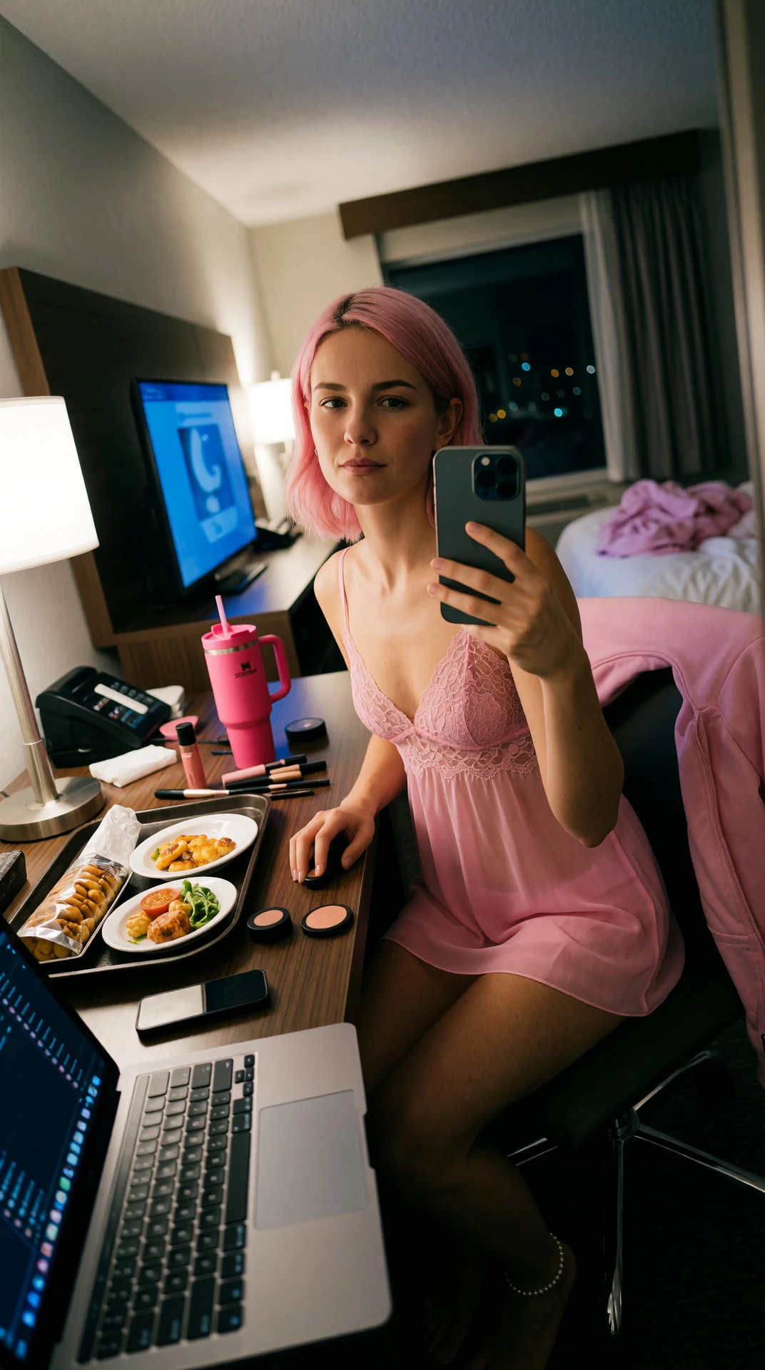 the cup’s still warm. you ever eat room service at 2am and forget why you’re here? the light’s bad but i like it like this. matcha’s gone cold in the car. do you sleep?