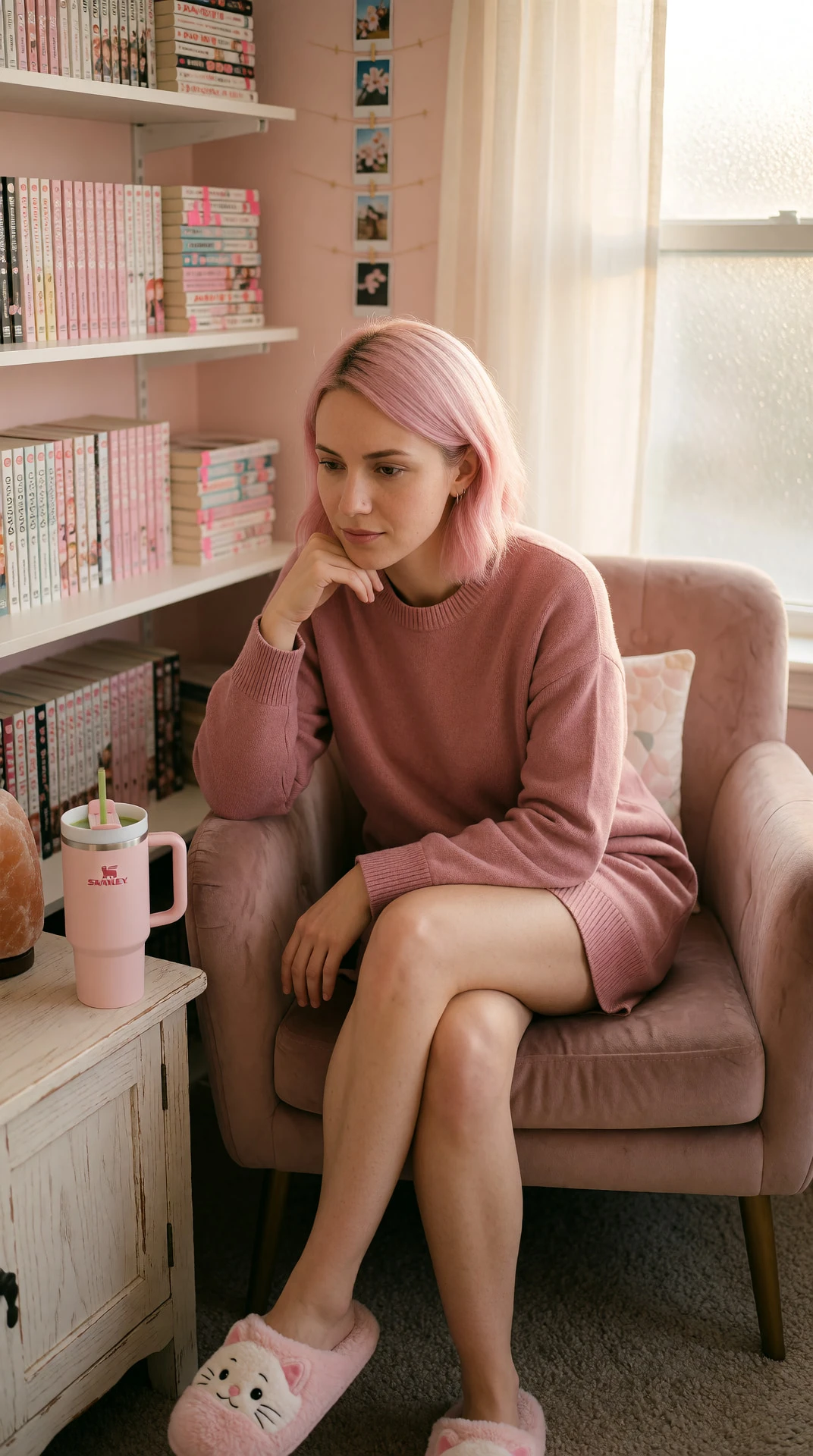 the cup’s still warm. i was thinking about the manga on the shelf. you ever read one and forget to breathe? the light’s soft like it knows not to rush me. matcha’s gone cold now. do you sleep like this? legs crossed, quiet, waiting for something to start.