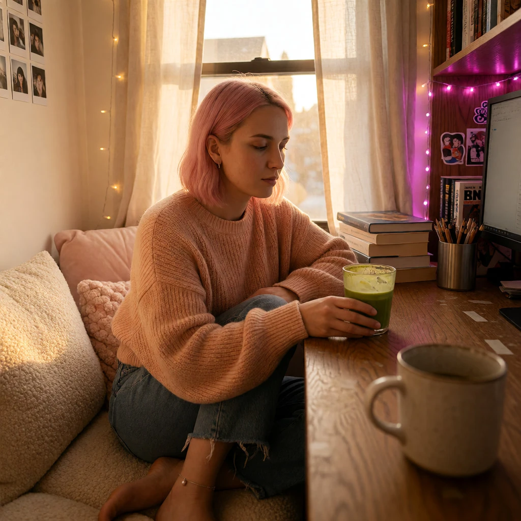 the matcha’s gone cold. i was reading the book on top but got distracted by the light. you ever sit like this and forget what time it is? the sun’s low, pink, like it knows not to rush me. i didn’t sleep much. just sat here. waiting for something to start.