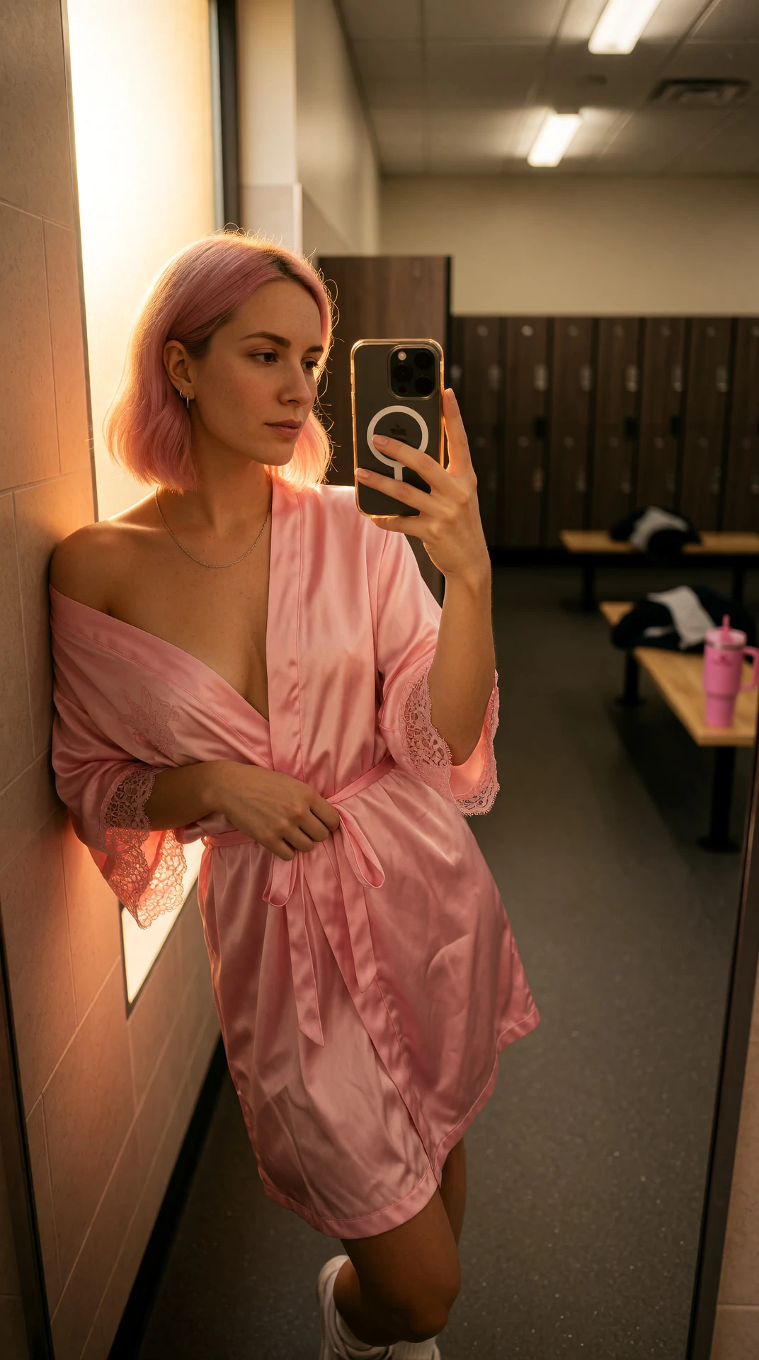 the light’s golden like it found me here. i was just waiting for the gym to empty. robe’s loose, phone’s warm in my hand. you ever feel like a room holds its breath? the cup’s on the bench. matcha’s cold now. did you sleep?