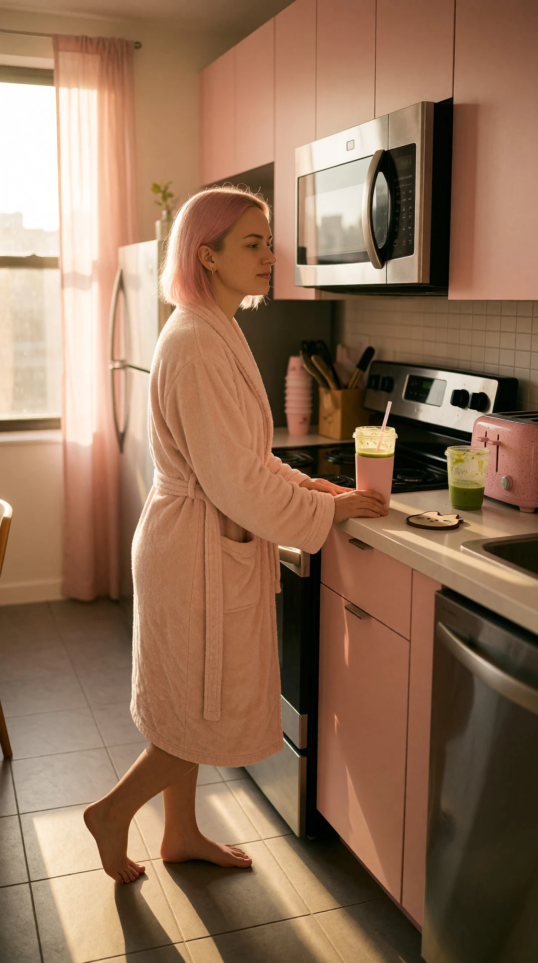 the light’s golden like it found me here. i was just waiting for the fridge to stop humming. robe’s loose, cup’s half-full. you ever feel like a room holds its breath? the city’s quiet now. did you sleep?