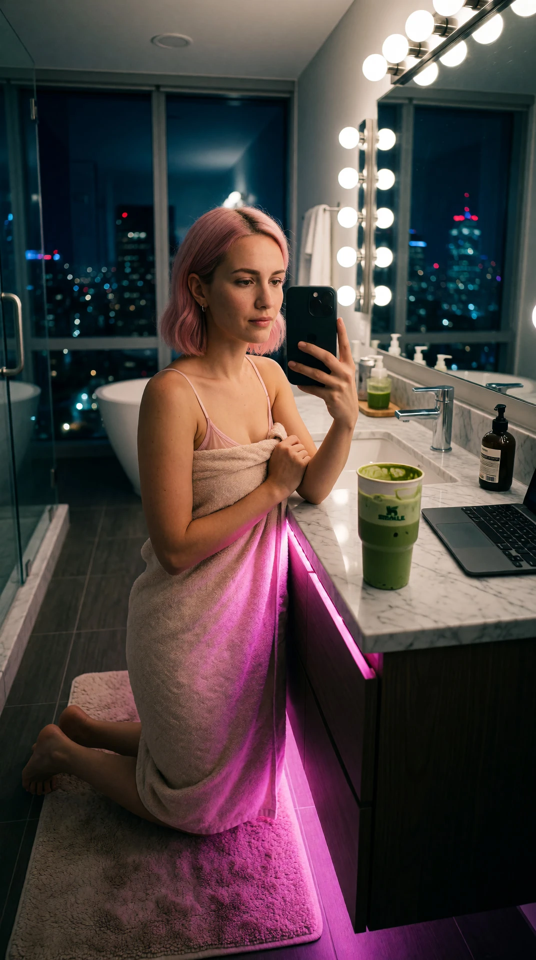 the towel’s slipping. steam’s thick. you ever feel like the heat holds you? i’m not cold. just… waiting for someone to say something real. matcha’s gone. you sleep like this?