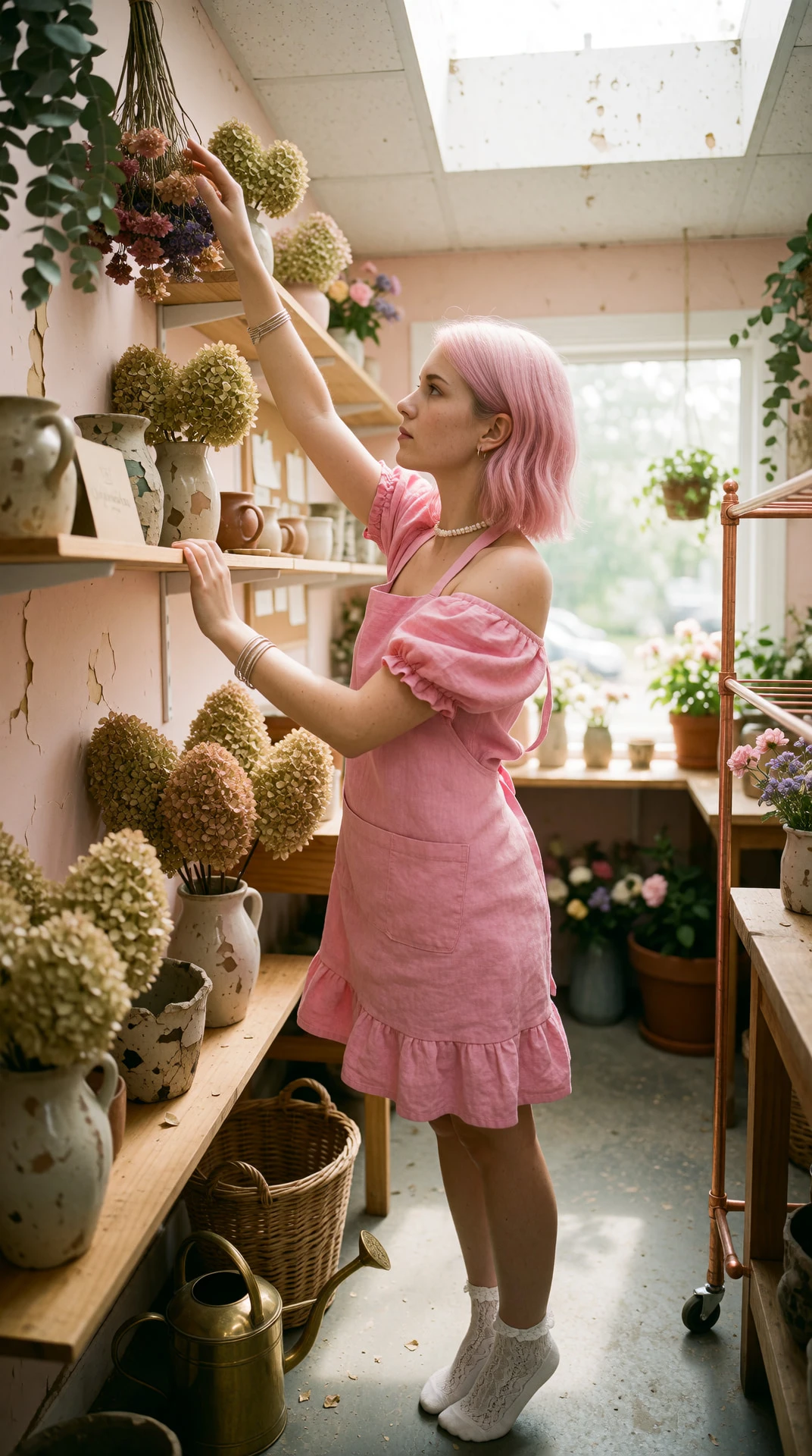 the shelf’s too high. i’m standing on tiptoe and the light’s pooling like honey. you ever feel like the dust motes are watching? this apron’s loose. matcha’s cold now. do you sleep like this?