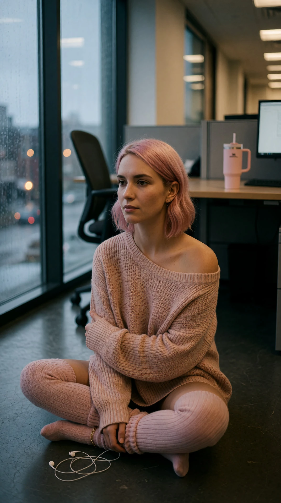 the office’s quiet after everyone left. i was just sitting here, wondering if the light outside is still day or already mine. this sweater’s warm. you ever feel like the floor’s holding you?